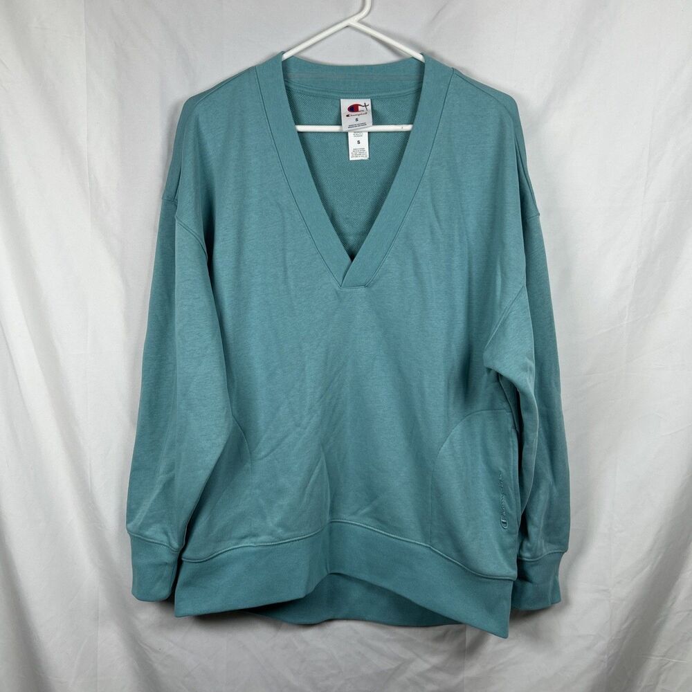 Champion Teal Blue French Terry Relaxed Sweatshirt Small V-Neck Coastal